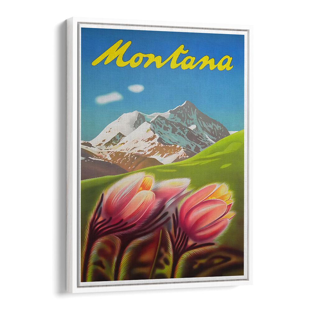 Vibrant MONTANA, VINTAGE TRAVEL POSTERS featuring stunning landscapes and floral designs, perfect for home decor.