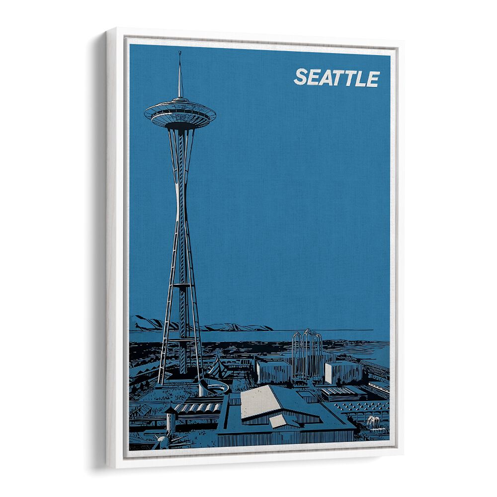 Seattle Vintage Travel Posters showcase the iconic Space Needle against a vibrant blue backdrop, perfect for decor.