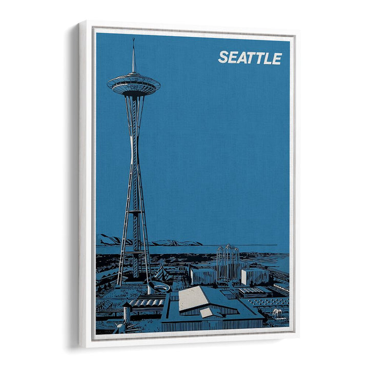 Seattle Vintage Travel Posters showcase the iconic Space Needle against a vibrant blue backdrop, perfect for decor.