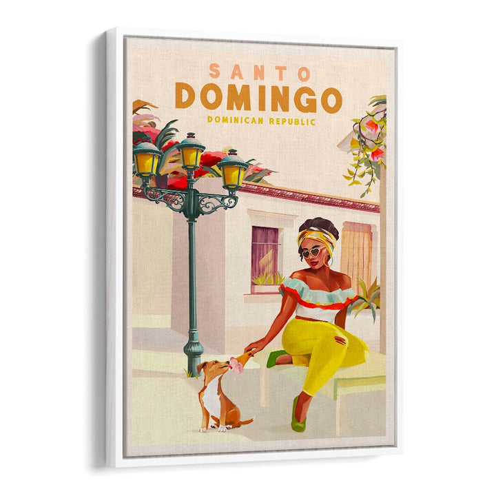 Vibrant Santo Domingo travel poster showcasing a woman and dog, celebrating Dominican Republic culture and charm.