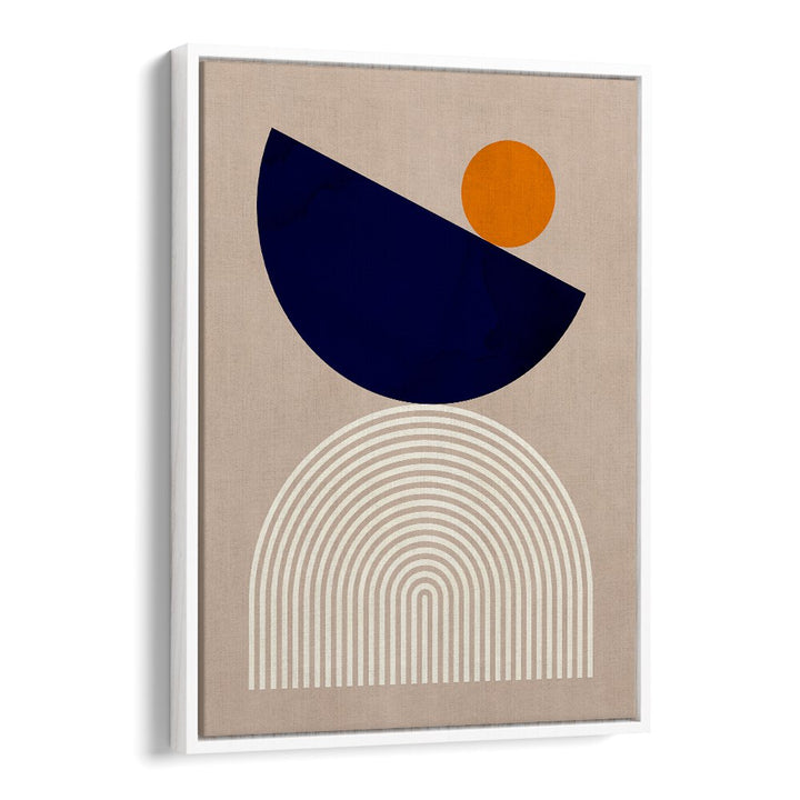 Elegant SEMICIRCLES II, GEOMETRIC ART PRINTS feature a modern design with blue and orange shapes on a neutral background.