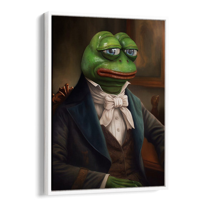 SIR PEPE, ALTERED ART PRINTS from DIKHOTOMY showcases a whimsical frog in formal attire, perfect for unique decor.
