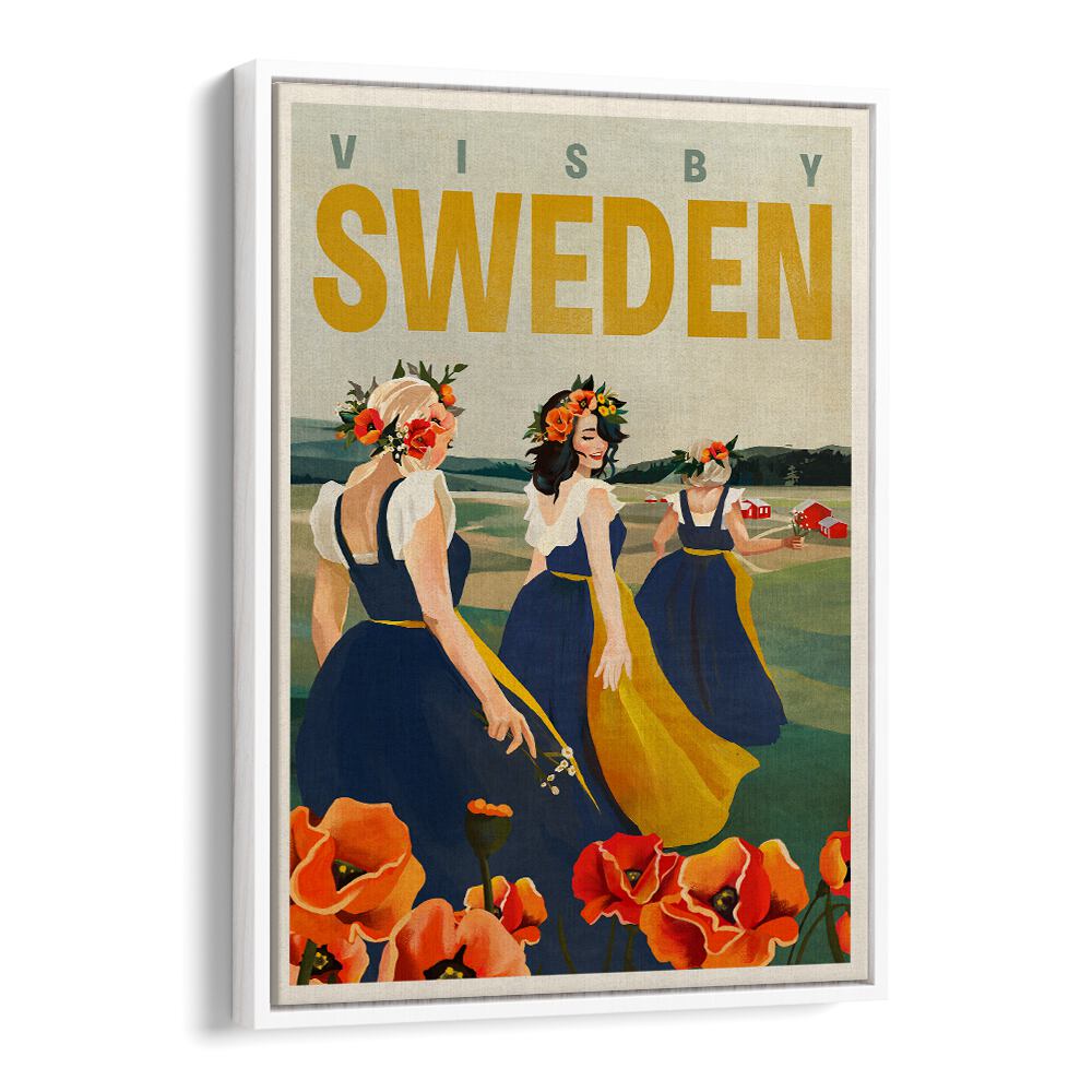 Visby Sweden Flower Girls travel posters showcase elegant women in vibrant dresses amidst a scenic landscape.