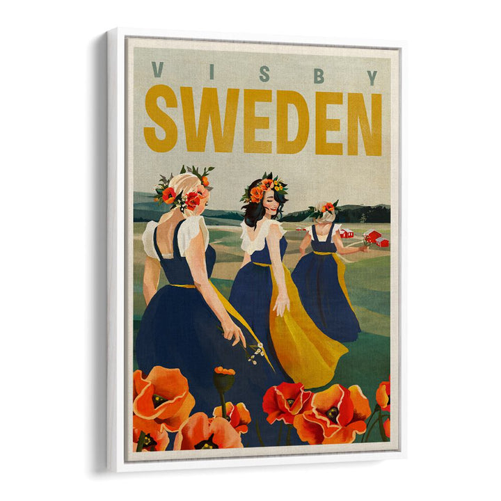 Visby Sweden Flower Girls travel posters showcase elegant women in vibrant dresses amidst a scenic landscape.