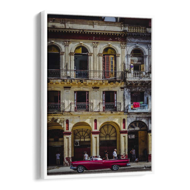 Vibrant RED CAR IN HABANA STREET, PHOTOGRAPHY PRINTS showcasing Cuba's lively street life and rich culture.