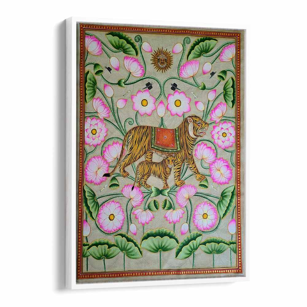 TIGRESS WITH CUB, INDIAN ART PAINTINGS showcase a tigress and her cub amidst beautiful floral designs.