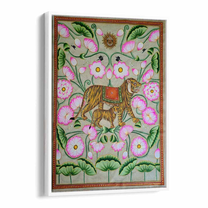 TIGRESS WITH CUB, INDIAN ART PAINTINGS showcase a tigress and her cub amidst beautiful floral designs.