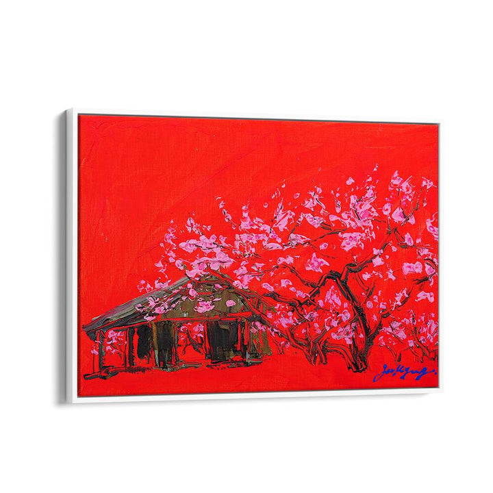 Vibrant PEACH BLOSSOM CANVAS, FLORAL FLOWER PAINTINGS with a striking red background and a charming cottage scene.