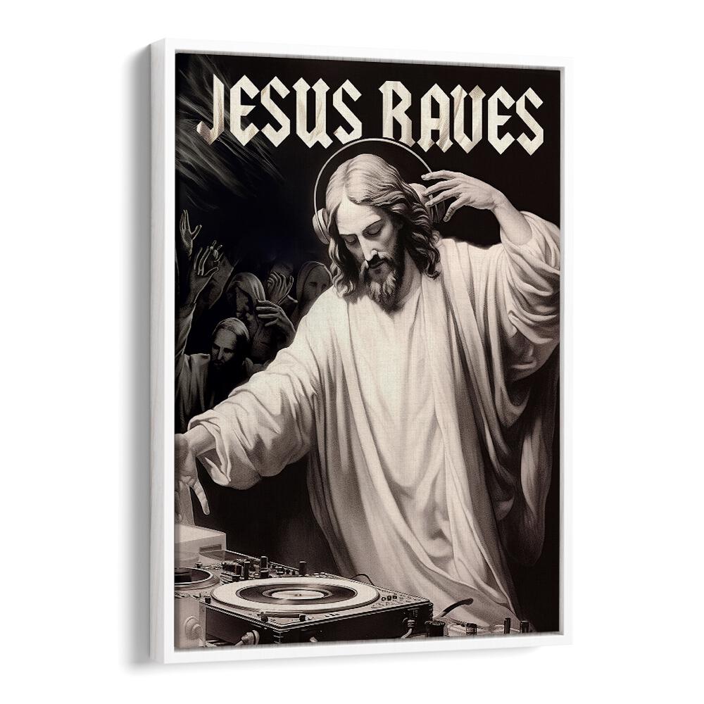Elevate your decor with JESUS RAVES, ALTERED ART PRINTS by Dikhotomy, blending spirituality and creativity.