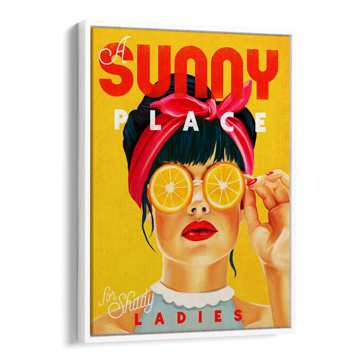 Colorful vintage art titled "A SUNNY PLACE, BAR" featuring a stylish woman with citrus glasses, perfect for cafe decor.