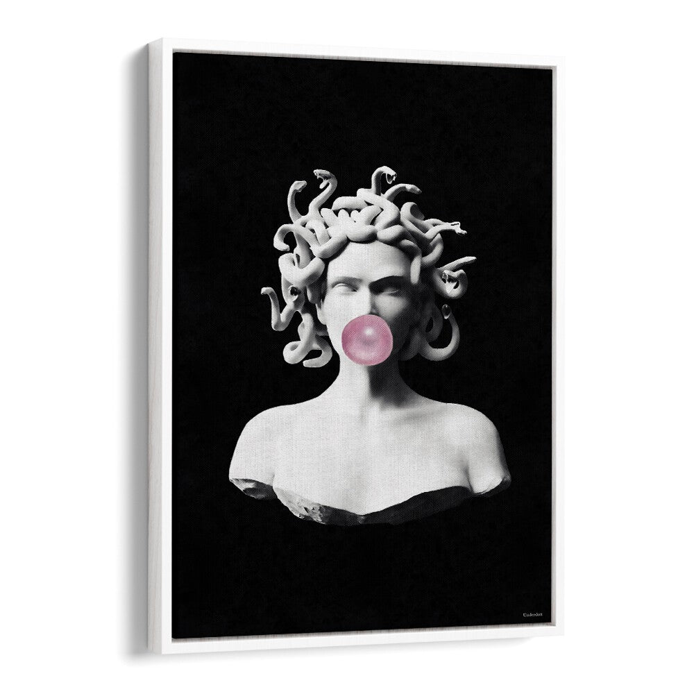 Whimsical Medusa blowing pink bubblegum, a unique piece from Underdott's MEDUSA PINK BUBBLEGUM, ALTERED ART PRINTS.