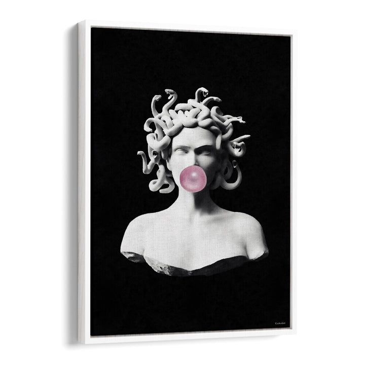 Whimsical Medusa blowing pink bubblegum, a unique piece from Underdott's MEDUSA PINK BUBBLEGUM, ALTERED ART PRINTS.