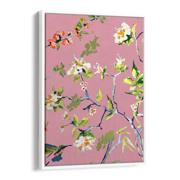 Vibrant DINING ROOM WALLS PINK I, FLORAL FLOWER PAINTINGS featuring elegant abstract floral designs on a pink backdrop.