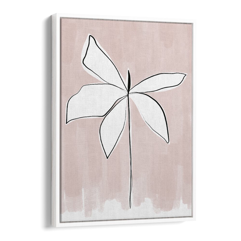 Minimal white line floral on blush canvas with slim white frame — PETAL WHISPERS , FLORAL FLOWER PAINTINGS