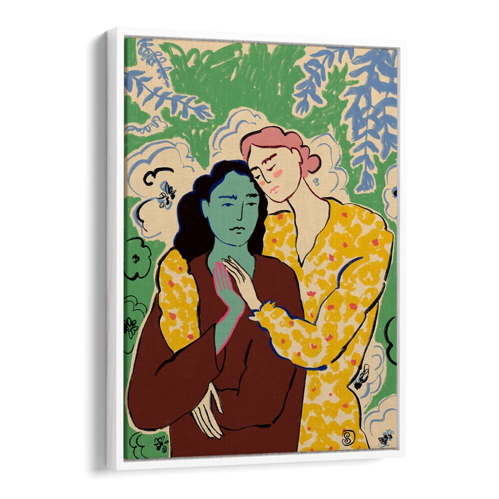 Vibrant art print featuring two figures in a tender embrace, celebrating love and connection with HOLDING HANDS, VIBRANT themes.