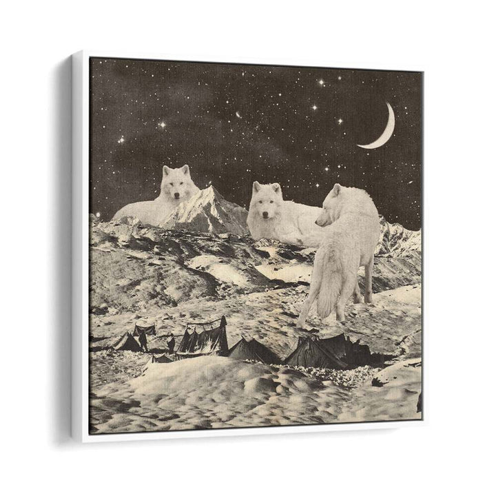 Majestic giant white wolves roam a surreal landscape in this enchanting art print, perfect for dreamlike decor.