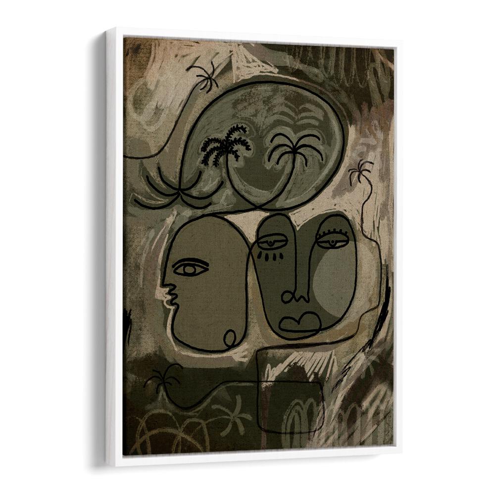 Boho art painting titled "UNWIND ALONG THE PALM PATH," featuring calming faces and abstract palm motifs.