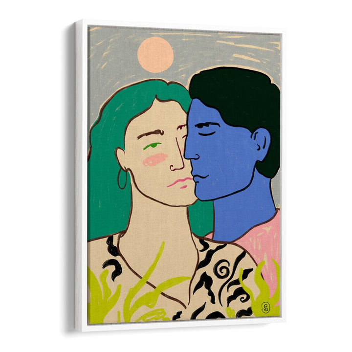 Vibrant art print "LOVERS UNDER THE MOON" captures a couple's kiss, perfect for adding creativity to any space.