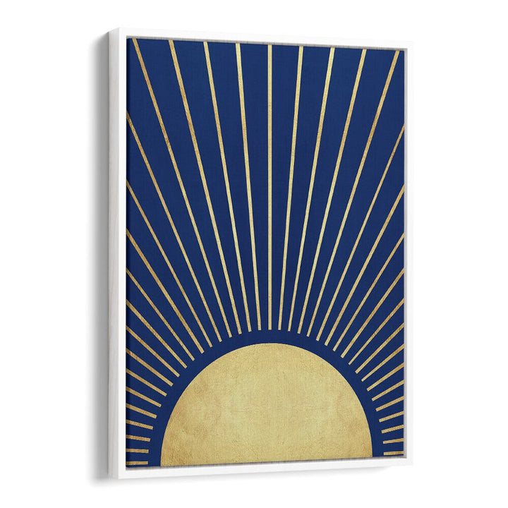 Elegant SUN RAYS I, GEOMETRIC ART PRINTS featuring golden rays on a deep blue background—ideal for uplifting any space.