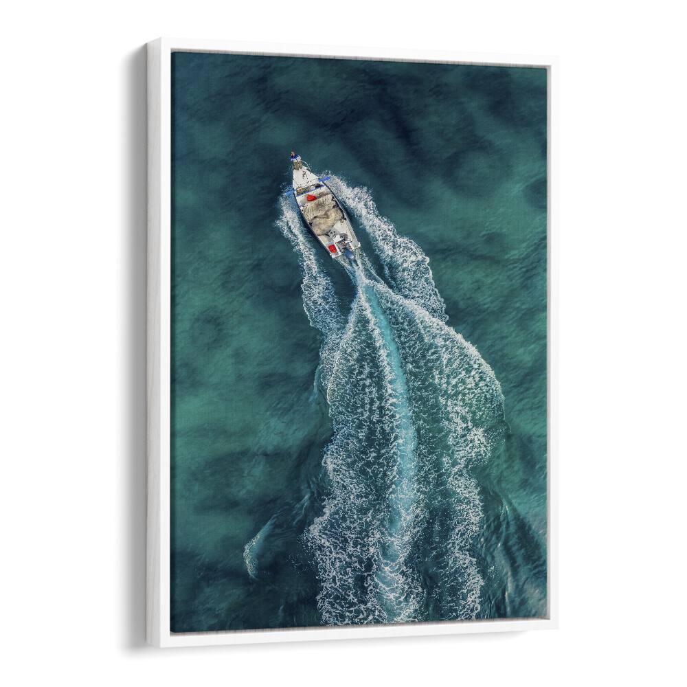 Stunning AERIAL PURSUIT, PHOTOGRAPHY PRINTS showcase a boat's wake against tranquil blue waters, perfect for art lovers.