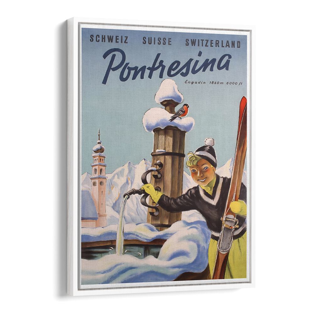 PONTRESINA, VINTAGE TRAVEL POSTERS showcase a cheerful skier in a snowy Swiss landscape, perfect for any decor.