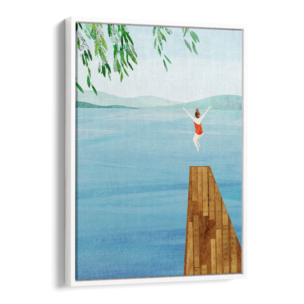 WILD, VIBRANT art print featuring a joyful figure diving into serene waters, perfect for energizing your decor.