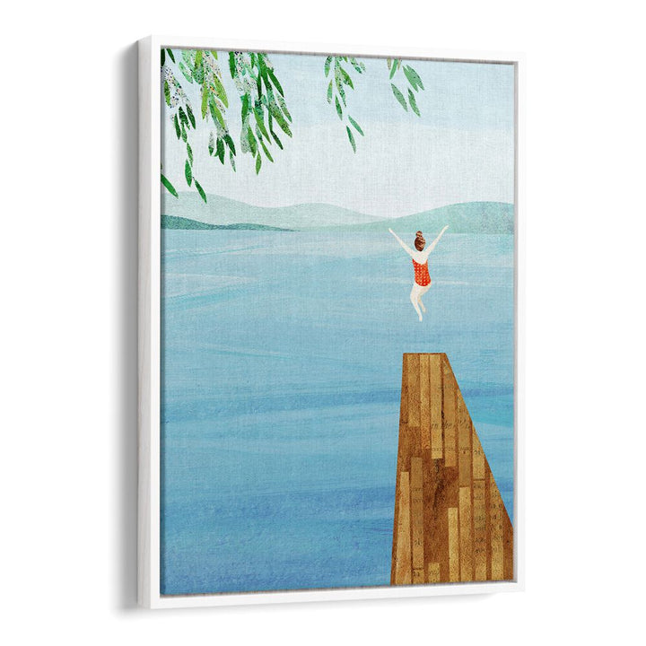 WILD, VIBRANT art print featuring a joyful figure diving into serene waters, perfect for energizing your decor.