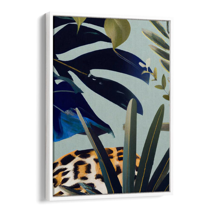 HIDDEN LEOPARD , FLORAL FLOWER PAINTINGS showcasing a hidden leopard among lush tropical leaves by WhiteFloater.