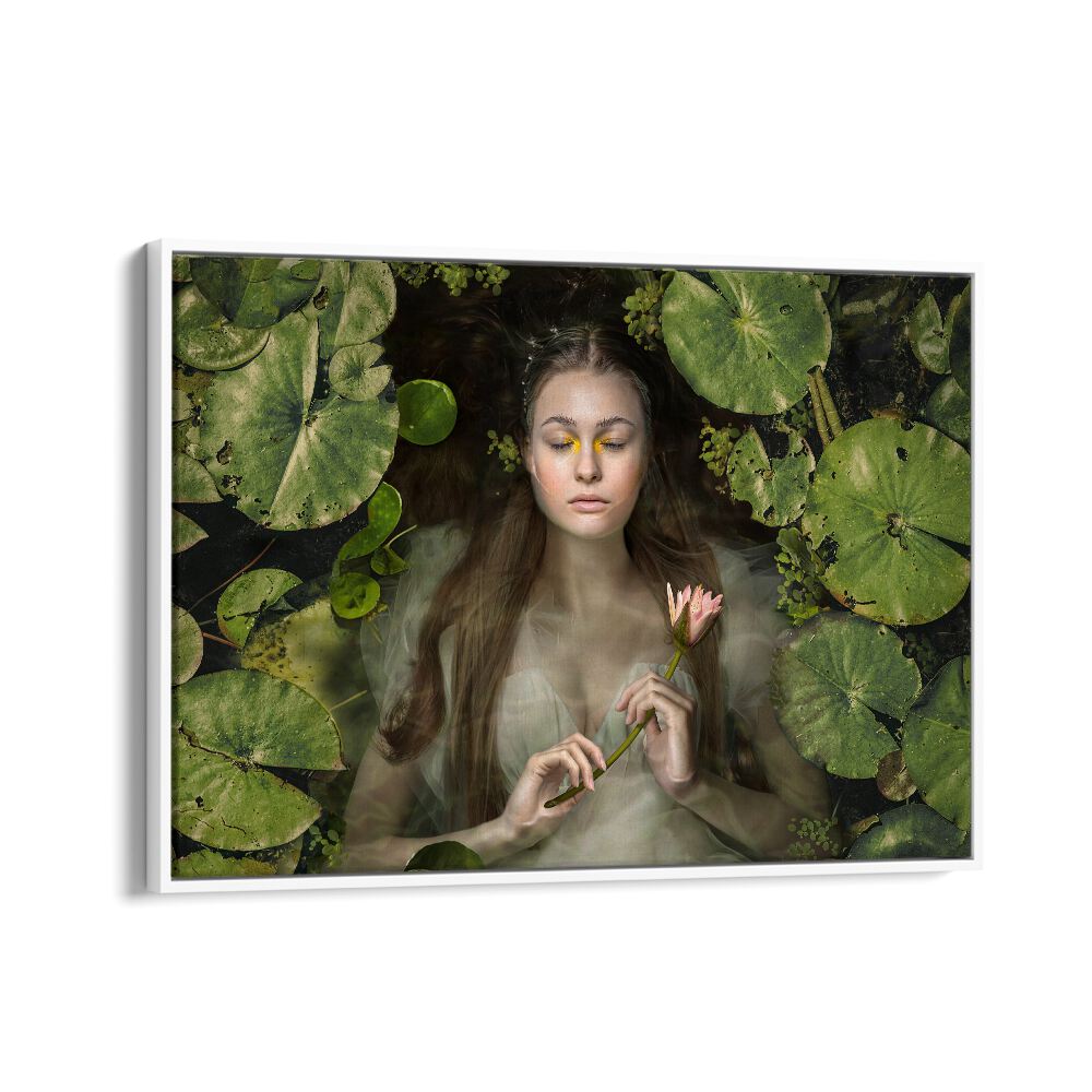 Serene scene featuring a woman among lily pads, embodying the essence of SILENT DREAM, PHOTOGRAPHY PRINTS.