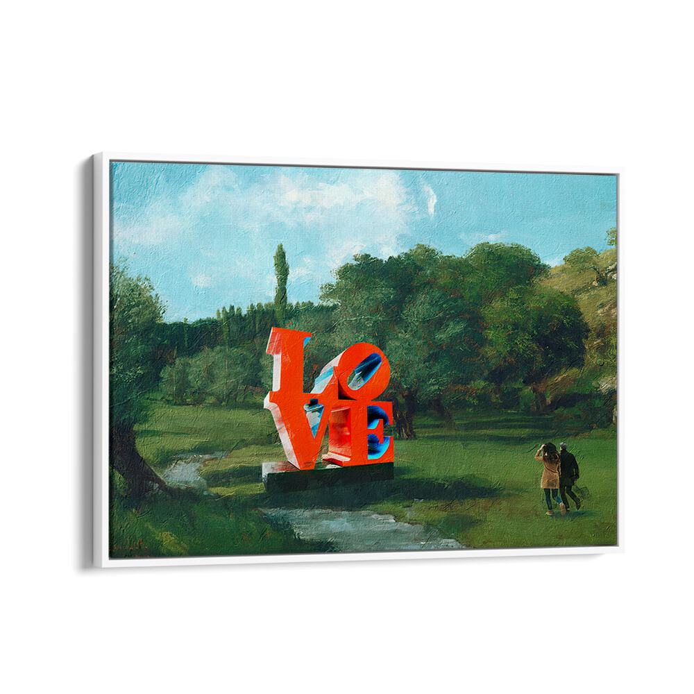 Explore "The Love Found, Altered Art Prints," showcasing vibrant love sculptures in a serene park setting.