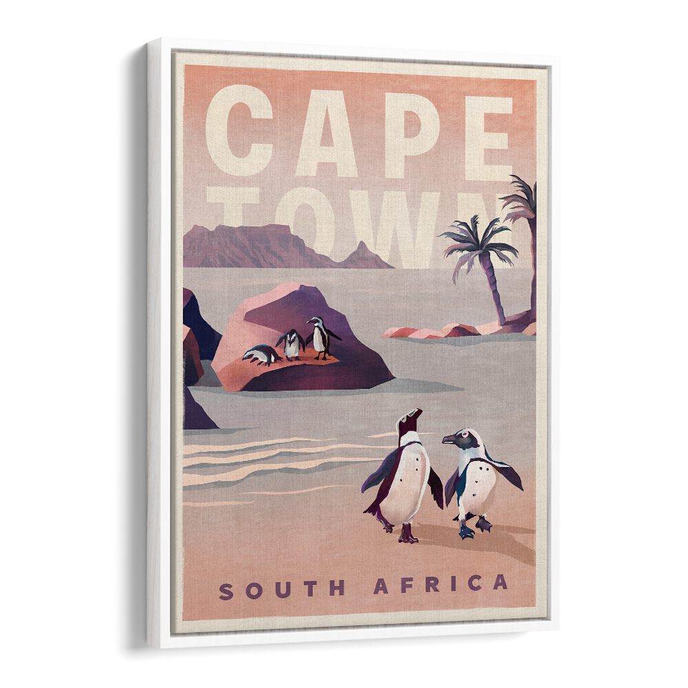 Vintage CAPE TOWN SOUTH AFRICA, TRAVEL POSTERS featuring charming penguins and stunning coastal scenery. Perfect for art lovers.