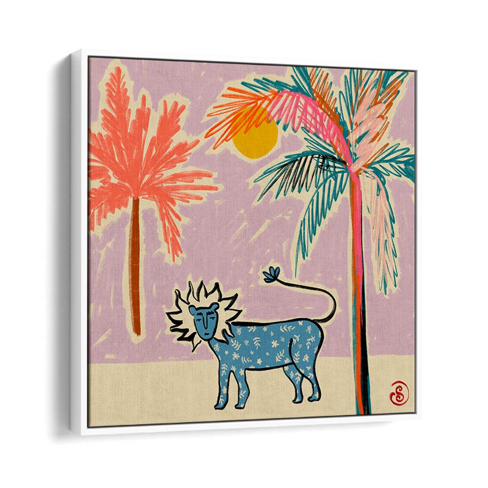 Colorful LEO III, ZODIAC poster featuring a stylized lion against vibrant palm trees, perfect for astrology decor.