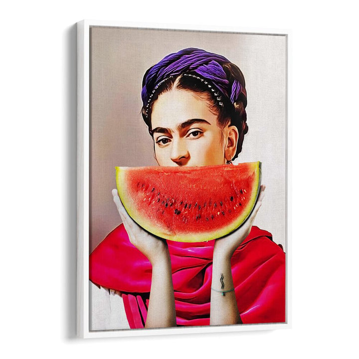 Vibrant WATERMELON FRIDA, ALTERED ART PRINTS by Dikhotomy celebrates Frida Kahlo's essence with playful colors.