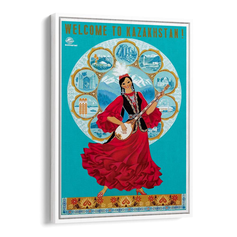 Vibrant KAZAKHSTAN, VINTAGE TRAVEL POSTERS featuring a musician in traditional dress celebrating Kazakhstan's culture.
