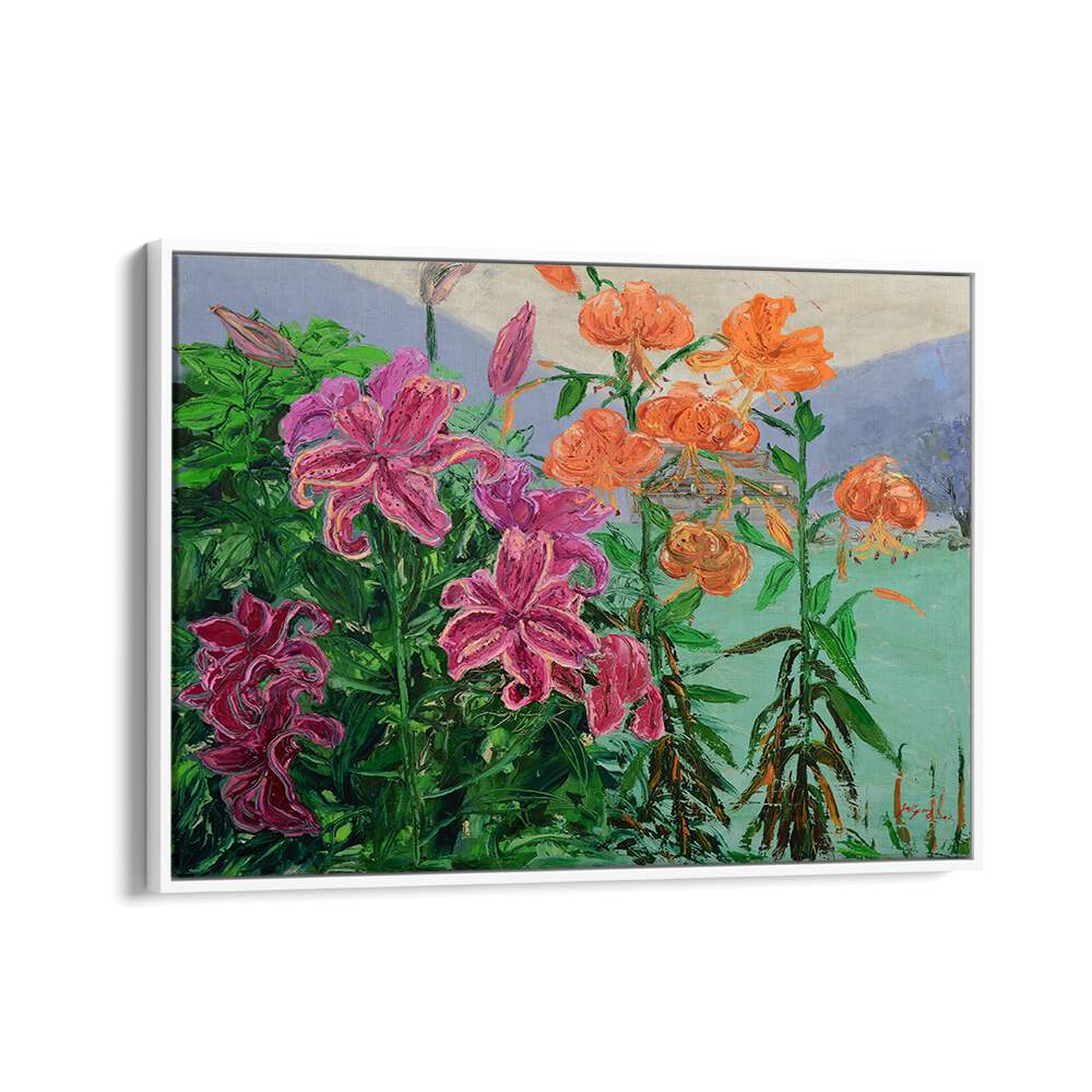 Vibrant PINK AND ORANGE LILIES, FLORAL FLOWER PAINTINGS showcasing lush blooms and green foliage for elegant decor.