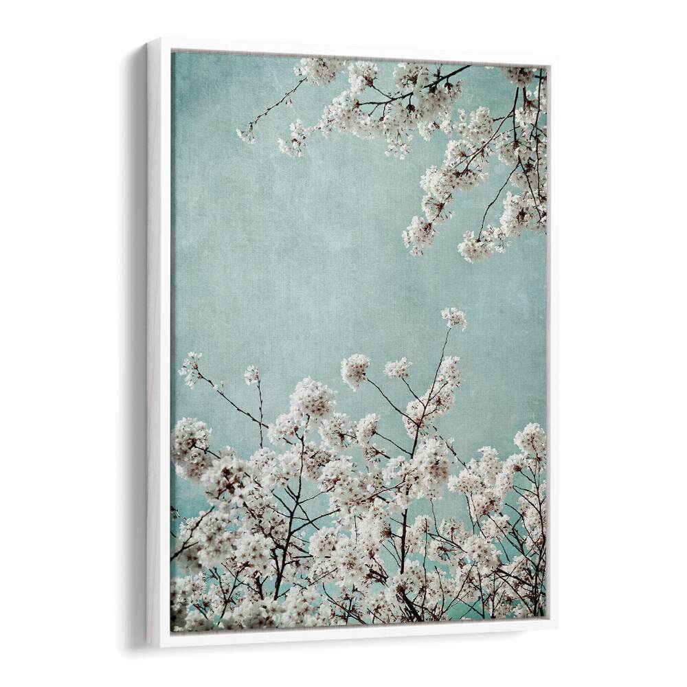 Vibrant SPRING TIME, FLORAL FLOWER PAINTINGS showcasing delicate blossoms against a serene blue background.