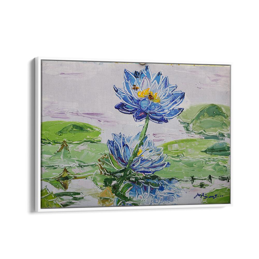 Vibrant LOTUS FLOWER CANVAS, FLORAL FLOWER PAINTINGS showcasing blue lotus blossoms on serene water lilies.
