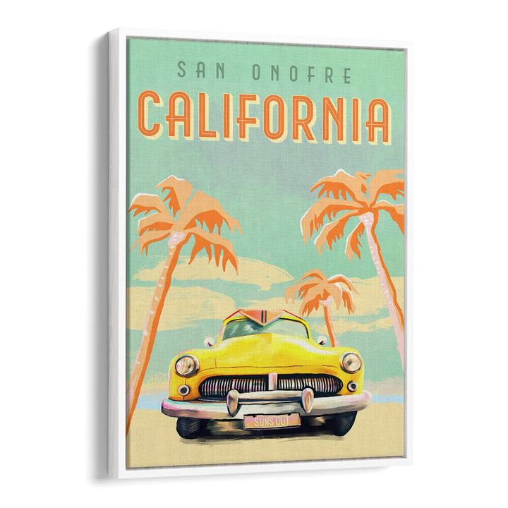 Bright yellow vintage car with palm trees, capturing adventure in CALIFORNIA SURF, TRAVEL POSTERS artwork. Perfect for beach lovers.