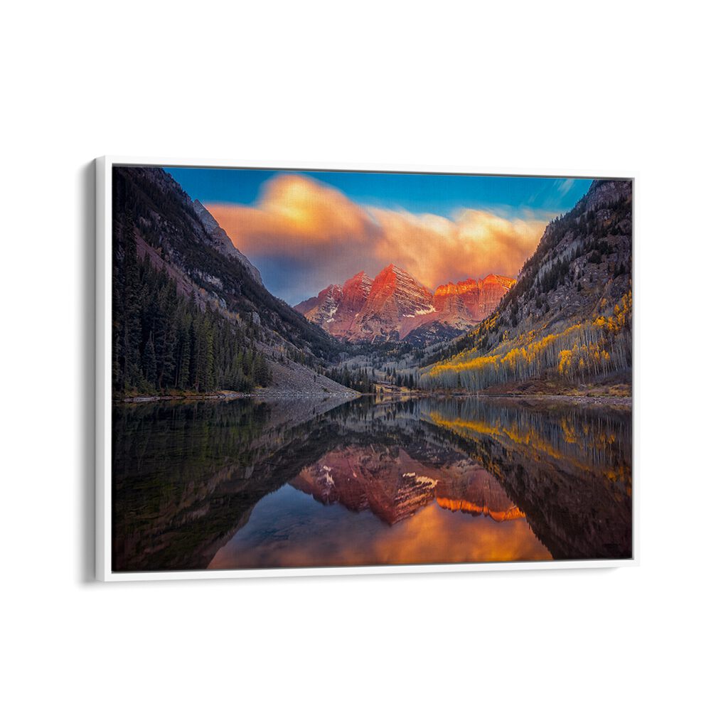 Breathtaking reflections of Maroon Lake at dawn, featured in "A PERFECT MORNING IN MAROON LAKE, PHOTOGRAPHY PRINTS."