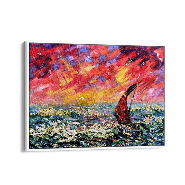 Vivid RED SKY BOAT, LANDSCAPE PAINTINGS, showcasing a serene sunset over tranquil waters, perfect for home decor.