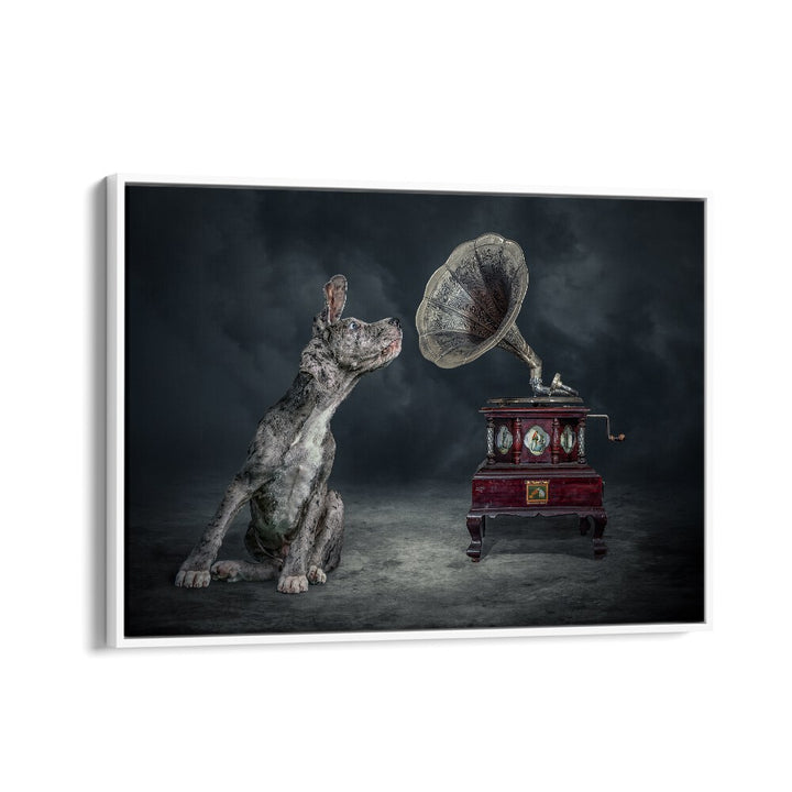 Surreal MUSIC DOG photography prints featuring a dog and a vintage gramophone, perfect for art lovers.