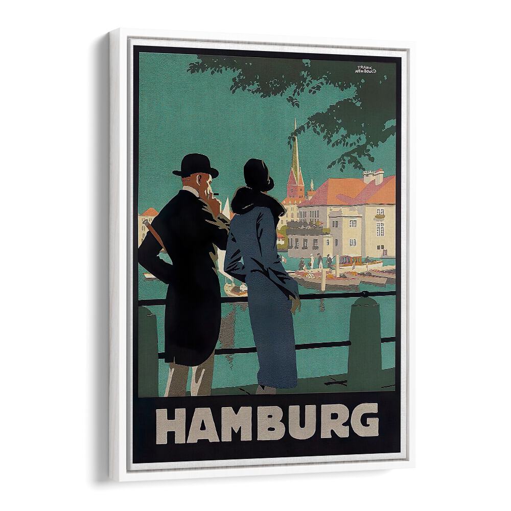 Stylish Hamburg I Vintage Travel Posters showcase a couple admiring the vibrant cityscape, perfect for art lovers.