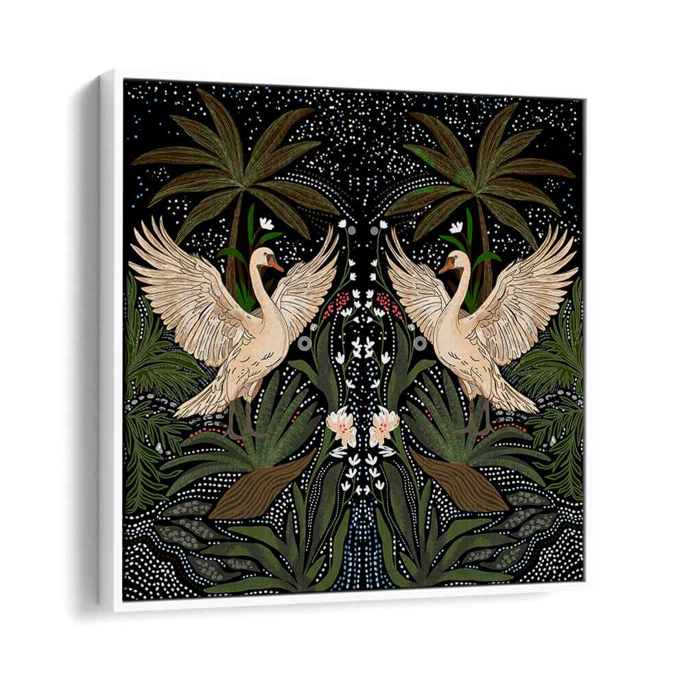 Elegant SWAN DANCE, FLORAL FLOWER PAINTINGS featuring graceful swans and lush greenery, perfect for a serene decor.