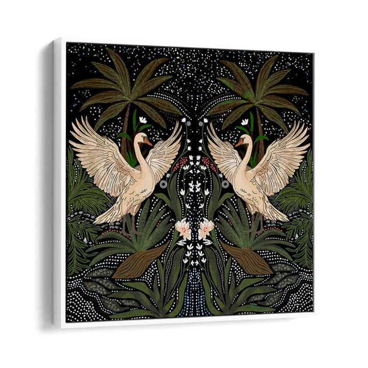 Elegant SWAN DANCE, FLORAL FLOWER PAINTINGS featuring graceful swans and lush greenery, perfect for a serene decor.