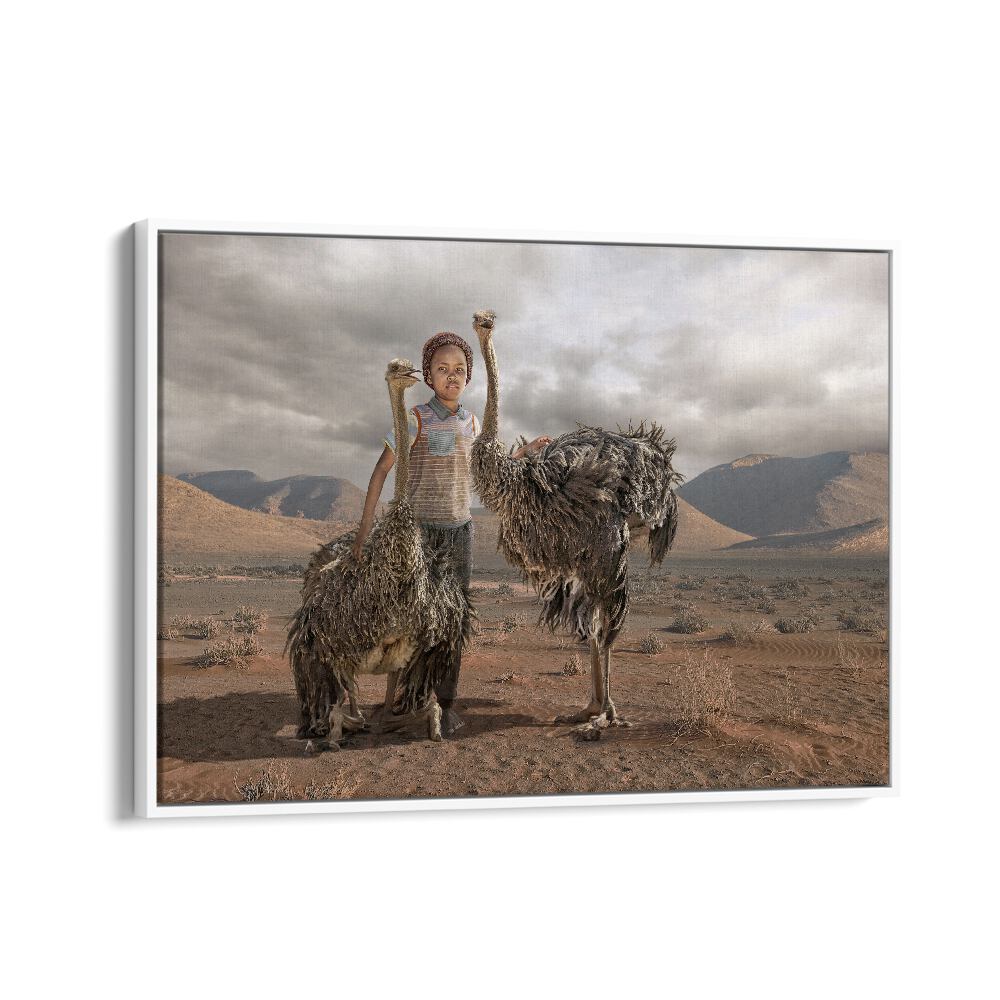 Surreal OSTRICH BOY, PHOTOGRAPHY PRINTS showcase a boy with ostriches in a unique, whimsical landscape.