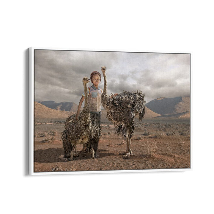 Surreal OSTRICH BOY, PHOTOGRAPHY PRINTS showcase a boy with ostriches in a unique, whimsical landscape.