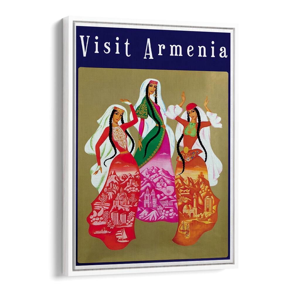 Colorful ARMENIA, VINTAGE TRAVEL POSTERS showcasing traditional attire and cultural landmarks, perfect for home decor.