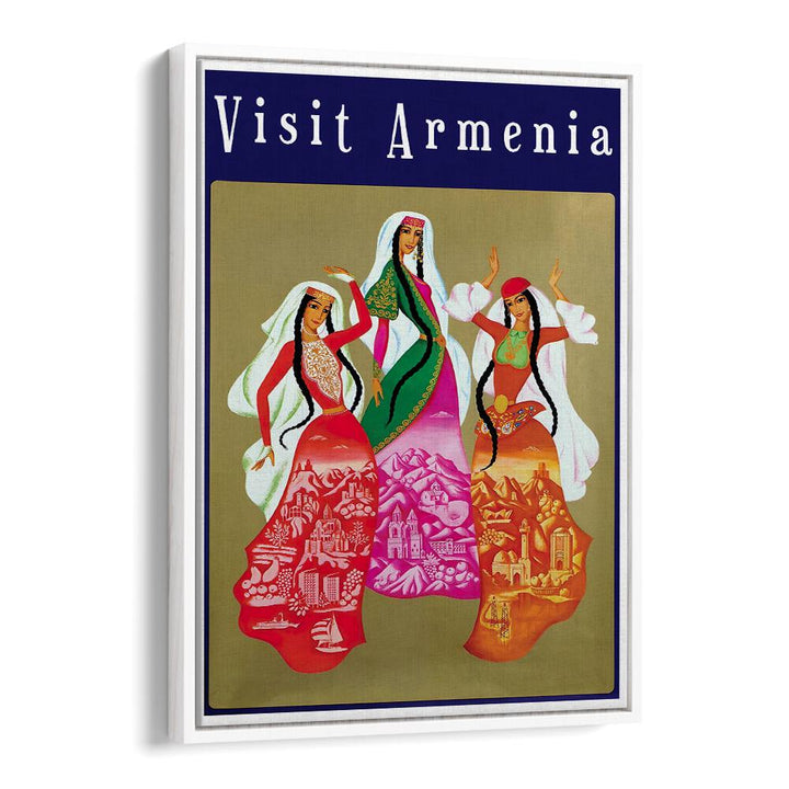 Colorful ARMENIA, VINTAGE TRAVEL POSTERS showcasing traditional attire and cultural landmarks, perfect for home decor.