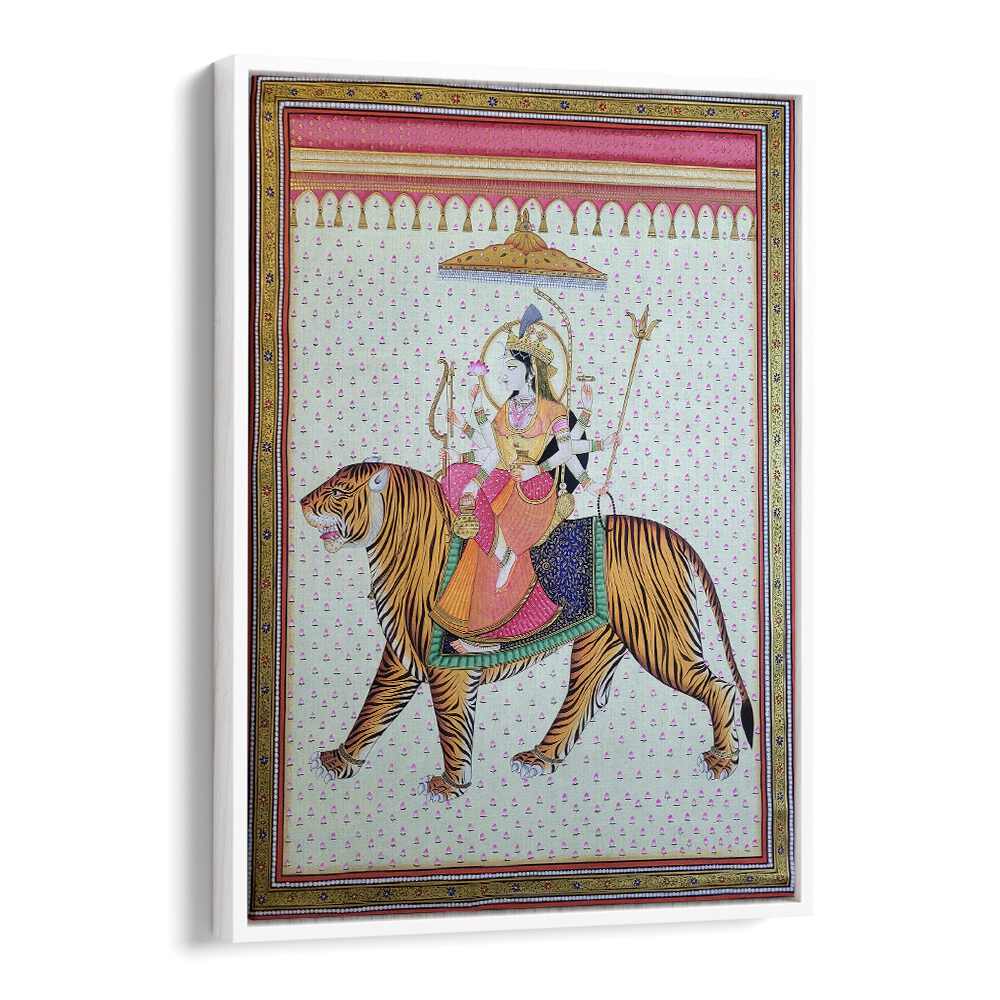 Exquisite MAA DURGA, INDIAN ART PAINTINGS showcasing Goddess Durga riding a tiger with vibrant colors and intricate details.
