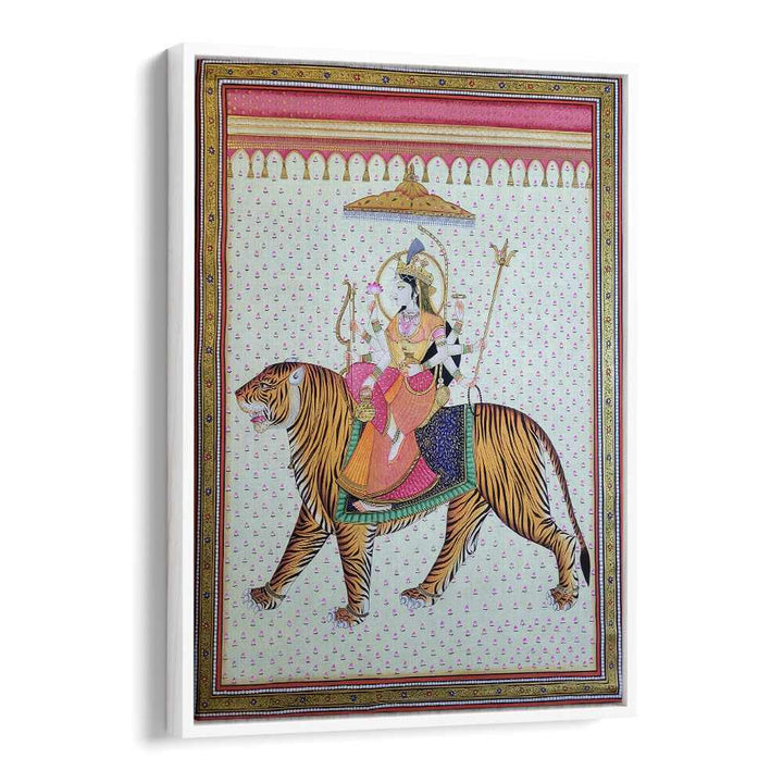 Exquisite MAA DURGA, INDIAN ART PAINTINGS showcasing Goddess Durga riding a tiger with vibrant colors and intricate details.